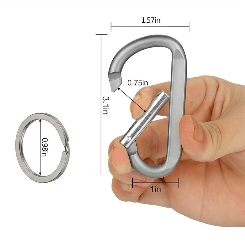 CampTek 6PCS Carabiner Caribeaner Clip,3" Large Aluminum D Ring Shape Carabeaner with 6PCS Keyring Keychain Hook (Black + Grey) - Image 2